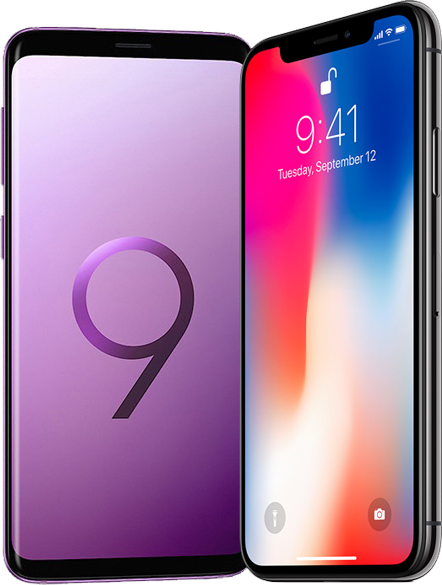 A purple samsung galaxy s 9 next to an iphone x.